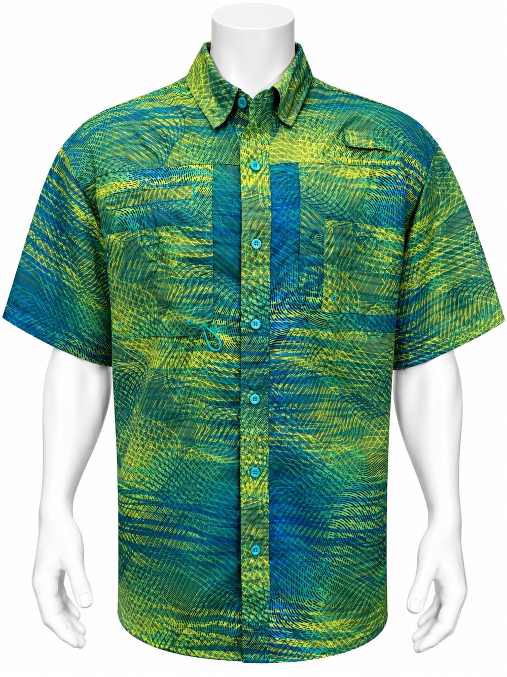Reel Legends Saltwater II Green Blue Wave Abstract Print Vented Fishing Shirt XL